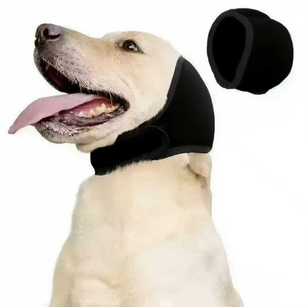 Black SnoozyPups ear muffs on a golden retriever