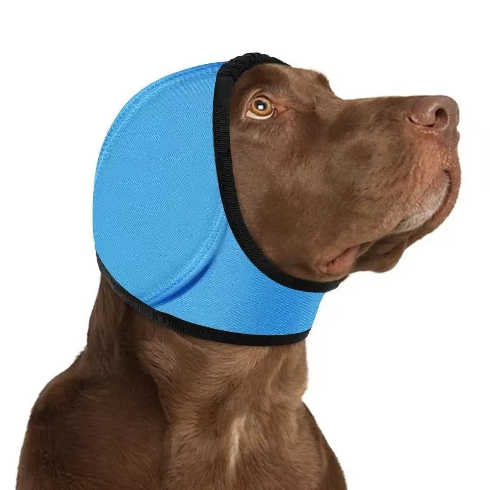 Sky blue SnoozyPups ear muffs on a brown dog