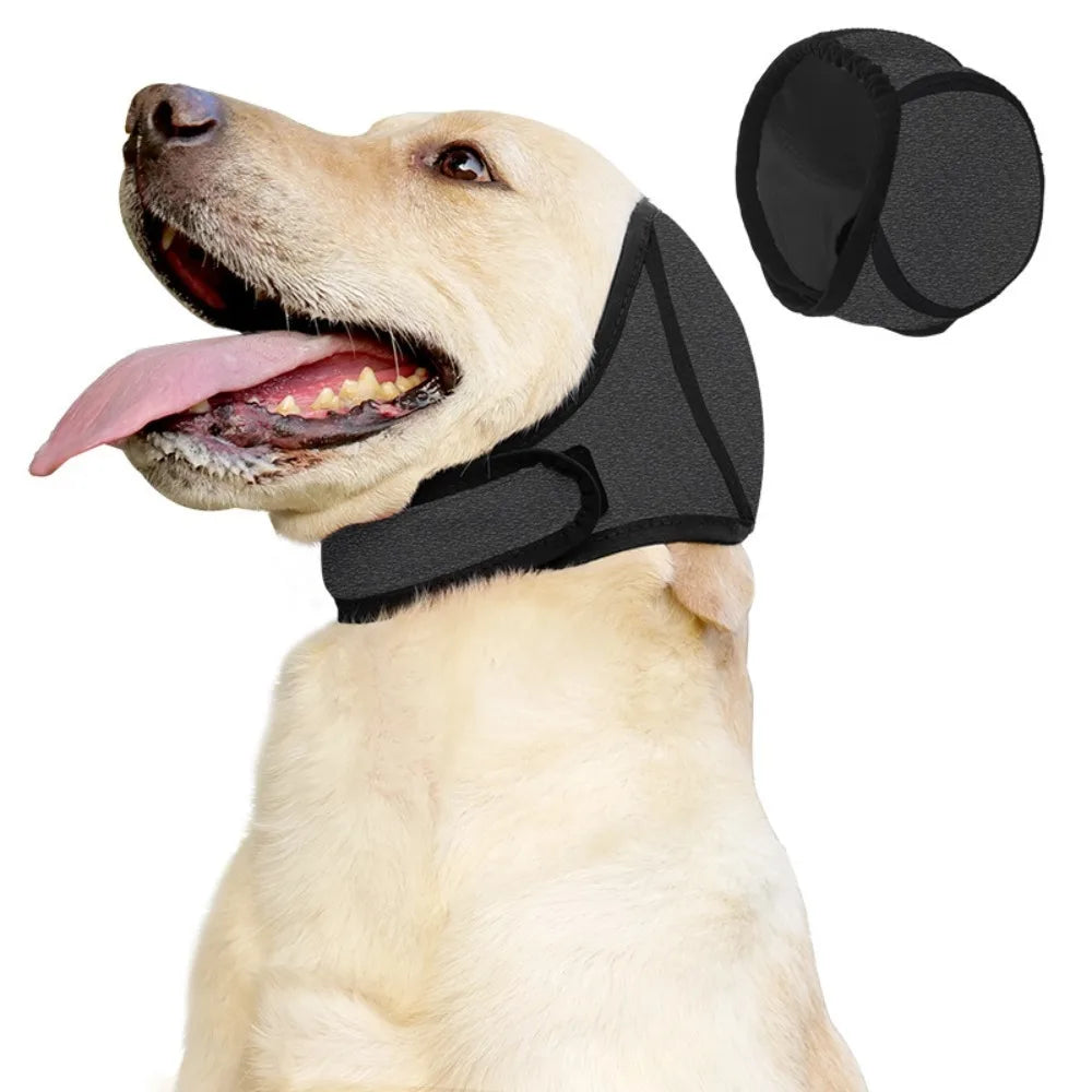 Golden retriever wearing charcoal SnoozyPups calming ear muffs, with a close-up of the padded ear cover
