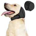 Golden retriever wearing charcoal SnoozyPups calming ear muffs, with a close-up of the padded ear cover
