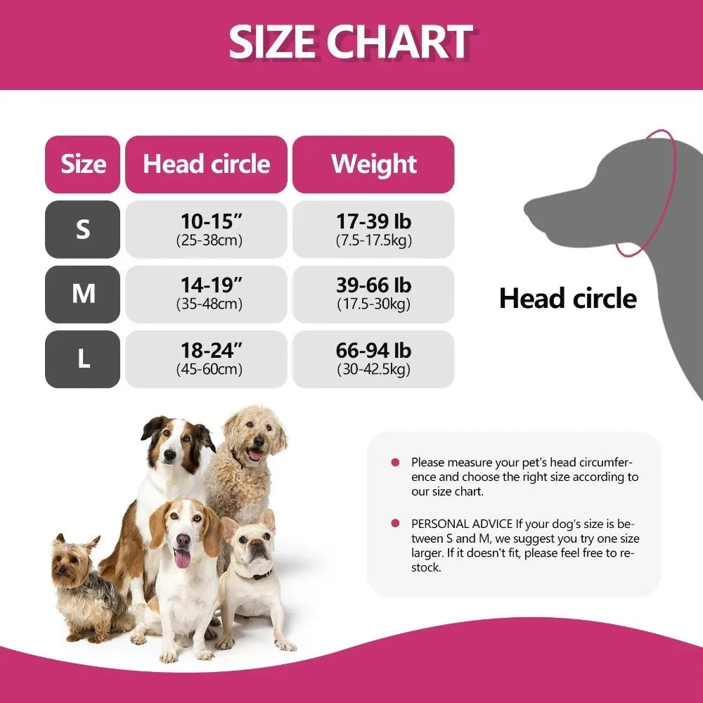 SnoozyPups size chart: S, M and L by head circumference and dog weight