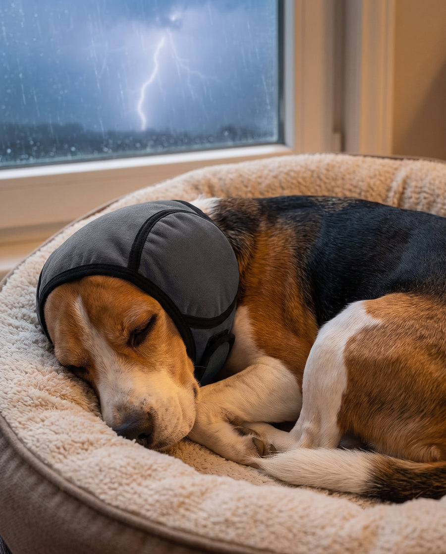 Beagle asleep in its bed wearing SnoozyPups ear muffs during a thunderstorm