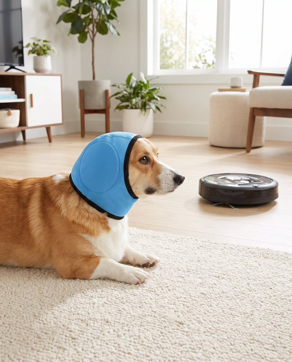 Corgi in sky blue SnoozyPups ear muffs relaxing while a robot vacuum cleans