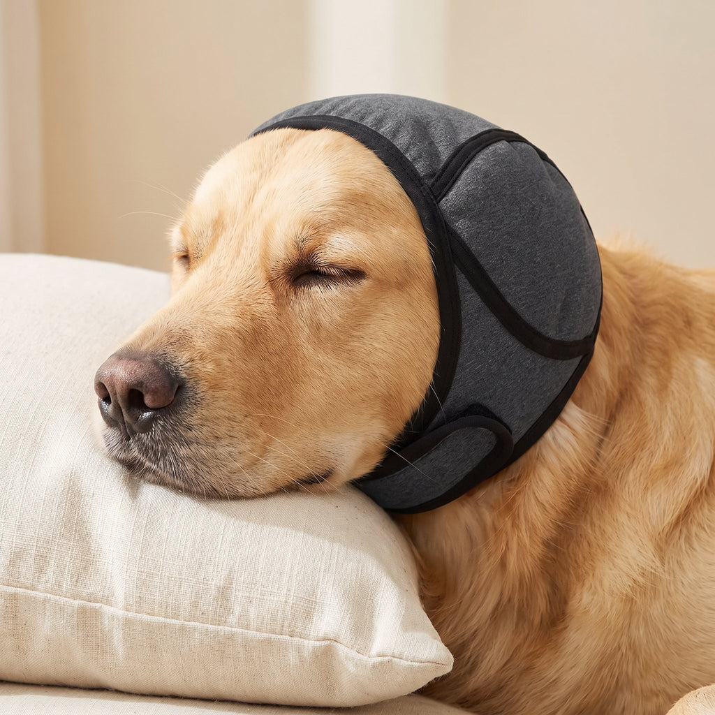 Golden retriever dozing on a pillow wearing charcoal SnoozyPups calming ear muffs