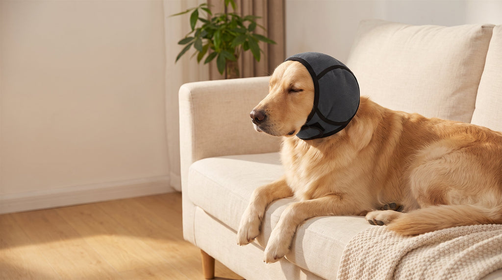 Golden retriever relaxing on a sofa wearing charcoal SnoozyPups calming ear muffs
