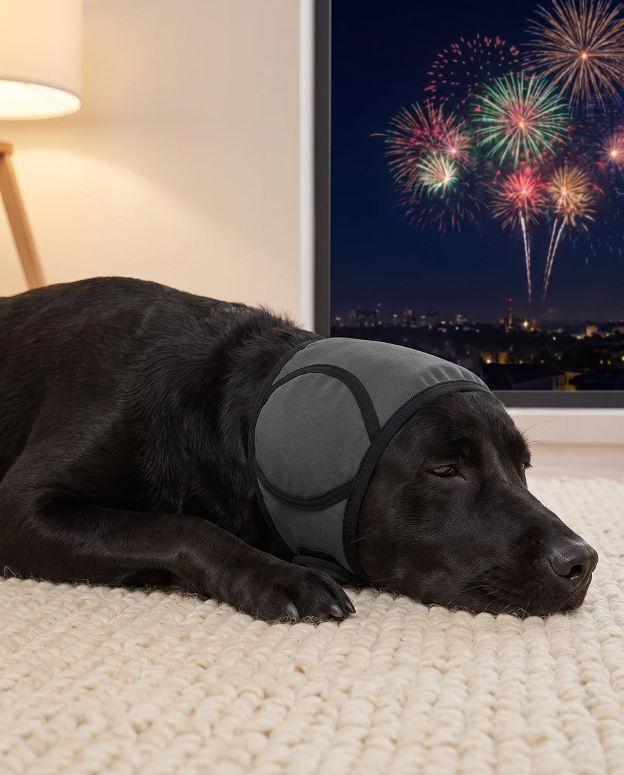 Black Labrador relaxing on a rug in SnoozyPups ear muffs while fireworks light up the sky