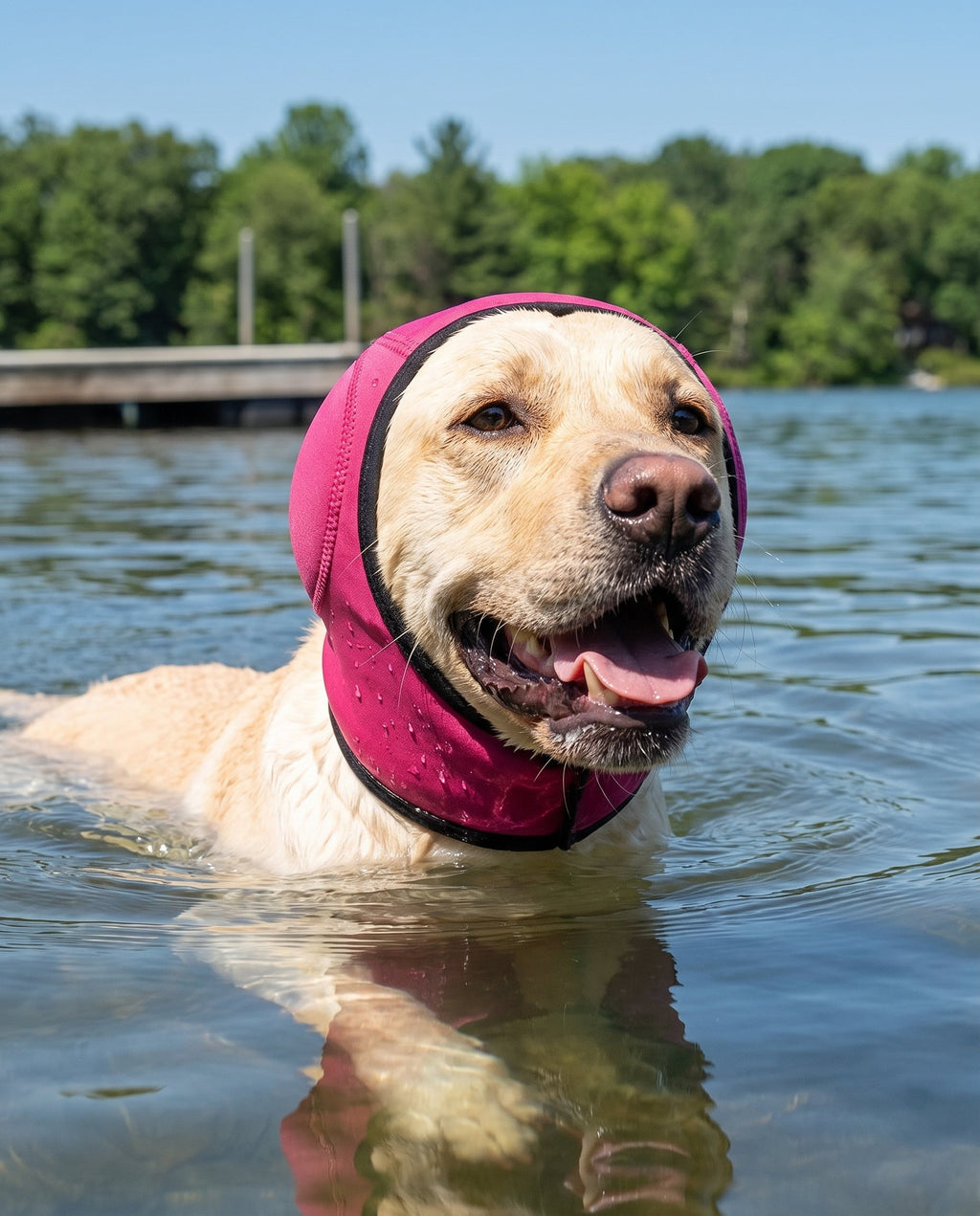 Labrador swimming in a lake wearing rose red SnoozyPups ear muffs