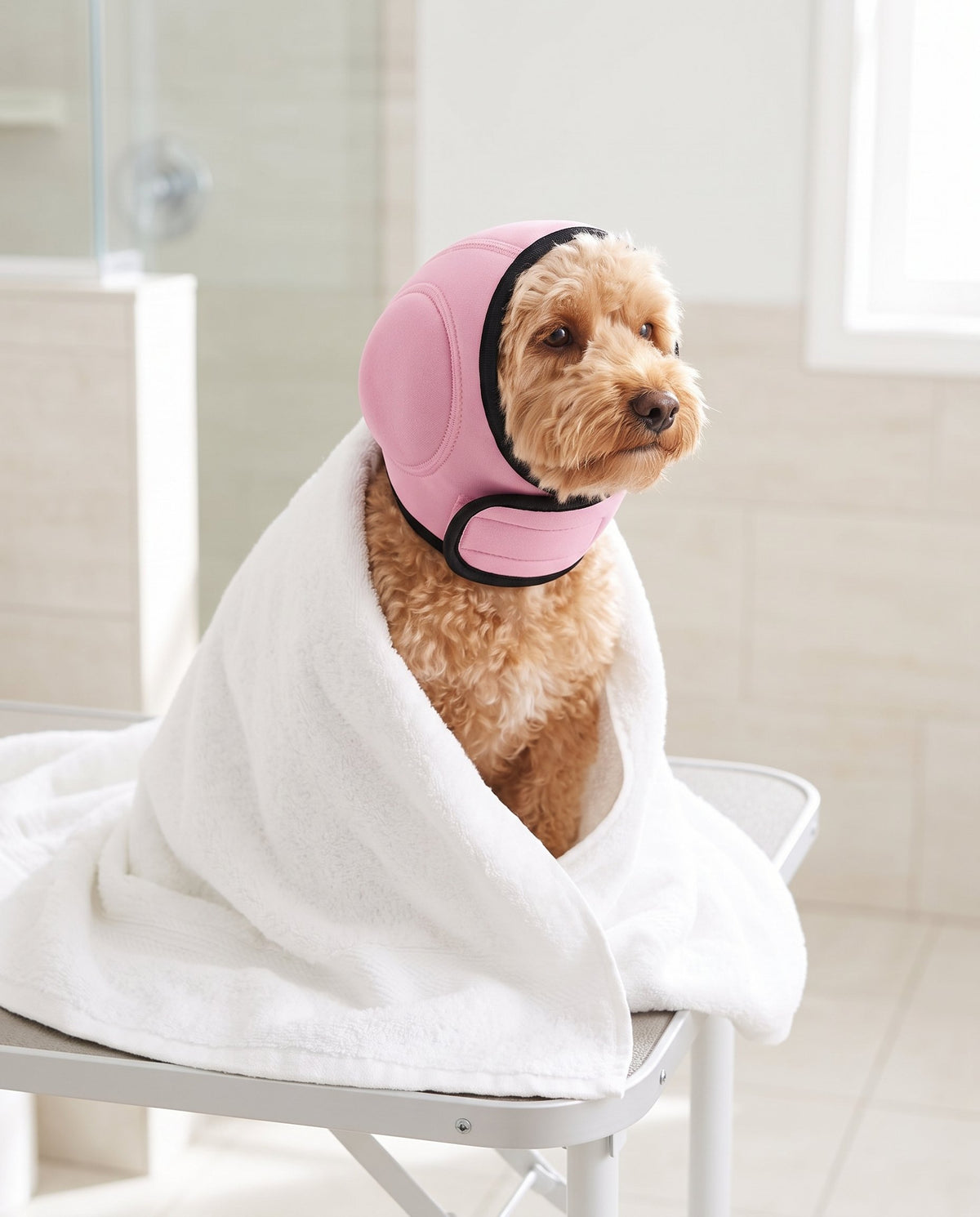 Poodle mix wrapped in a towel after a bath wearing pink SnoozyPups ear muffs