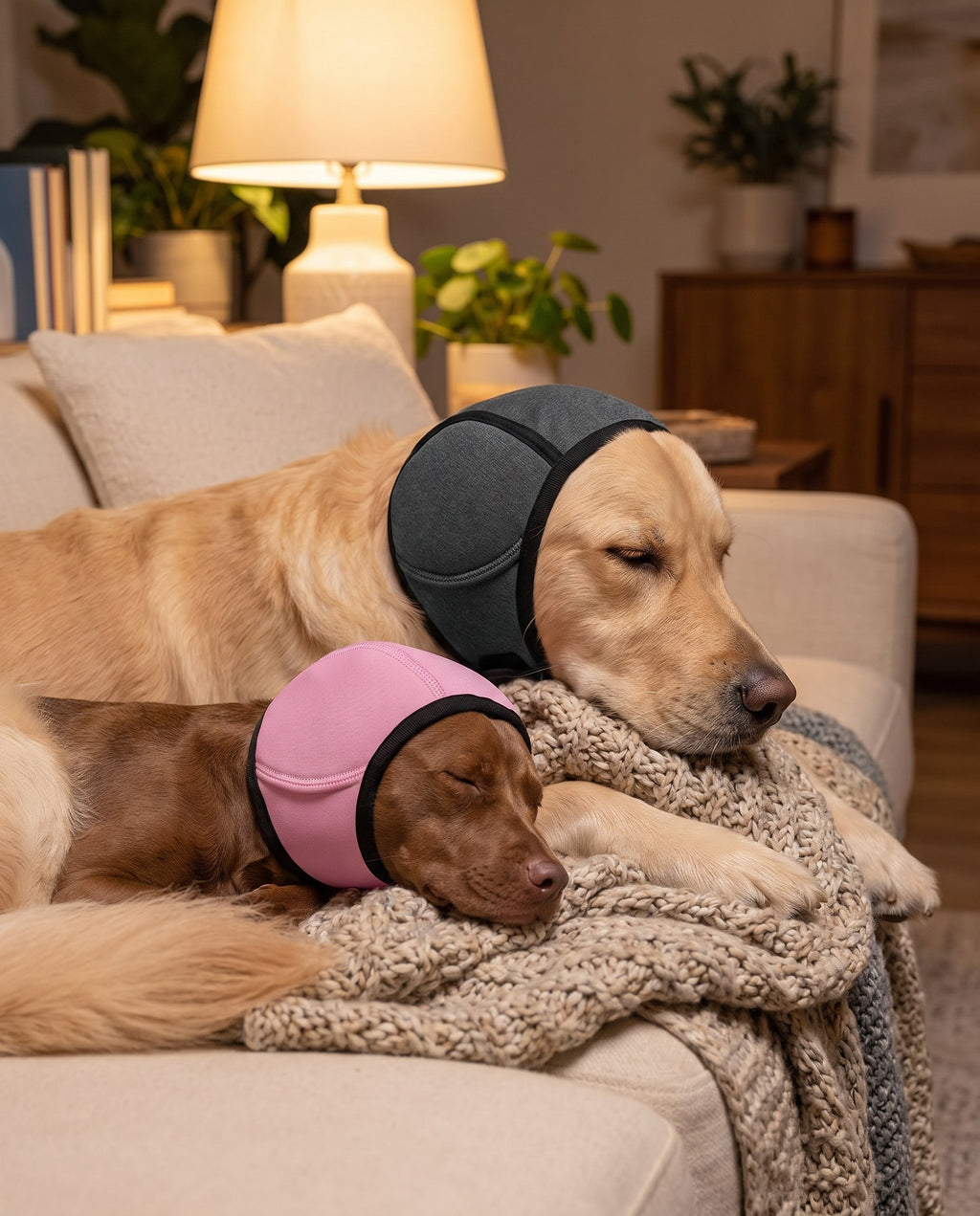 Two dogs napping together on a sofa, one in charcoal and one in pink SnoozyPups ear muffs